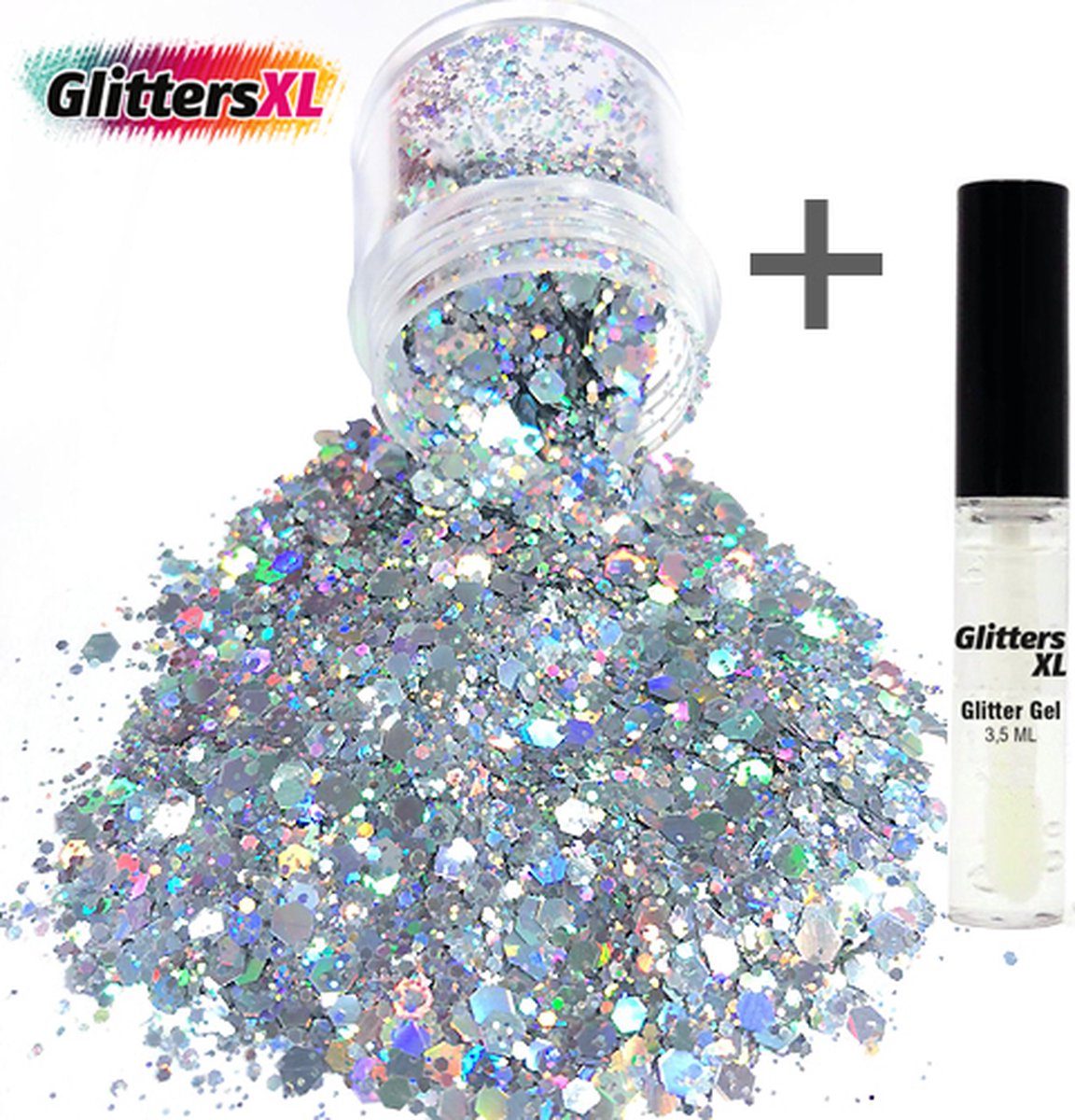 GlittersXL - Chunky Glitters (Zilver) (Volume 8g) + Glitter Huid Lijm [Festival Makeup Gezicht Lichaam - Face Body Glitter - Biologisch afbreekbaar - Versiering Dames Volwassen Kinderen]